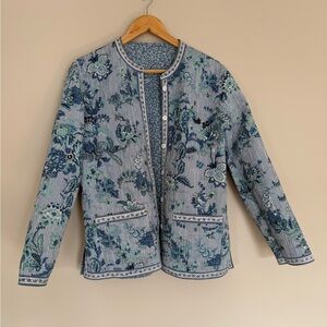 Appleseed's Reversible Blue Floral Striped Women's Quilted Button Up Jacket Sz L